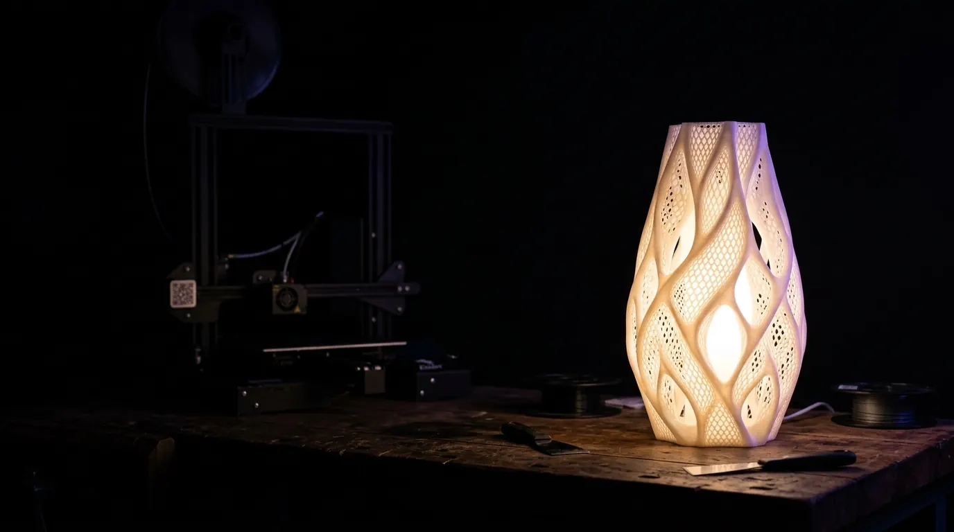Luminária impressa em 3D acesa numa oficina escura, com uma impressora 3D ao fundo