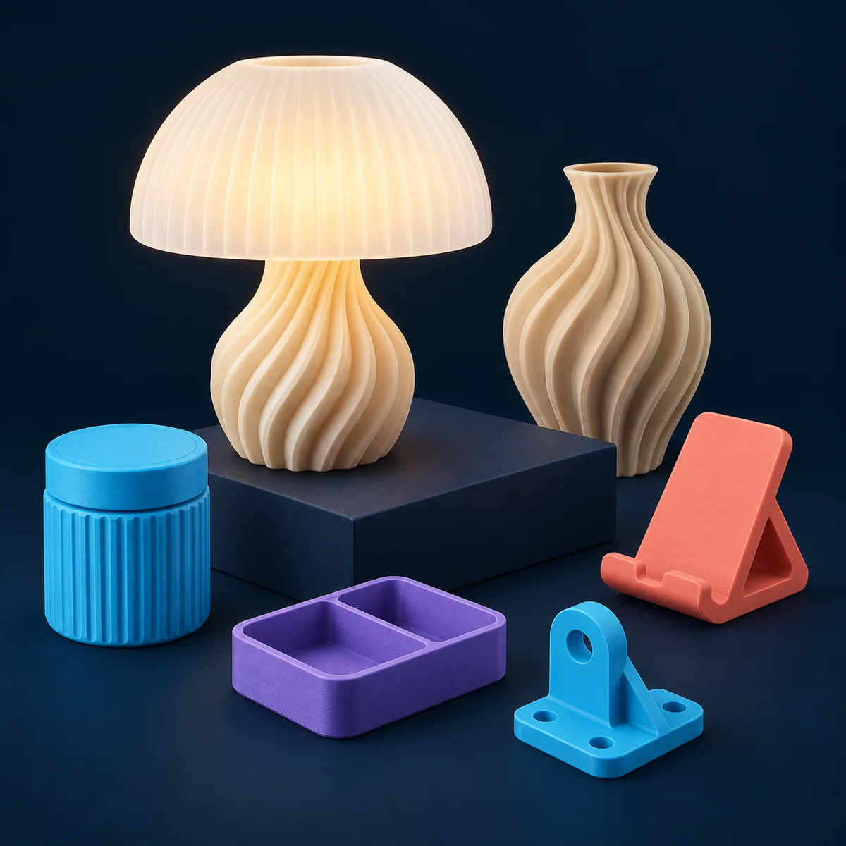 Composição de produtos em 3D: luminária orgânica, vaso, pote com tampa, suporte de celular, bandeja e peça mecânica